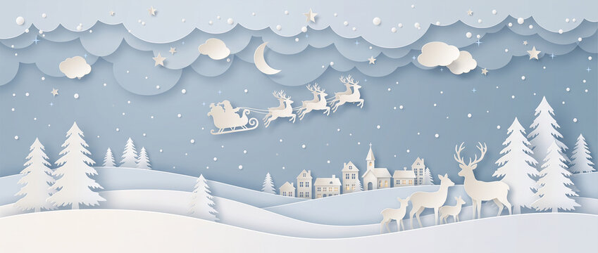 Magical paper cut art landscape featuring santa claus flying in sleigh with reindeer over winter village and pine trees at night suitable for christmas social media cover and website banner.