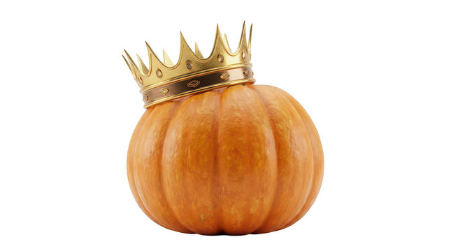 A majestic pumpkin adorned with a brilliant golden crown represents the royalty of autumn and the joyful celebrations of the harvest season on a transparent