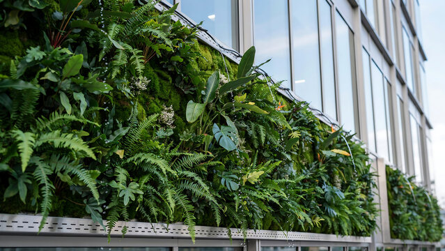 Lush Vertical Garden on Modern Building Facade with Irrigation System, Showcasing Green Architecture and Urban Sustainability