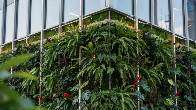 Lush Green Living Wall on Modern Building Facade with Water Droplets
