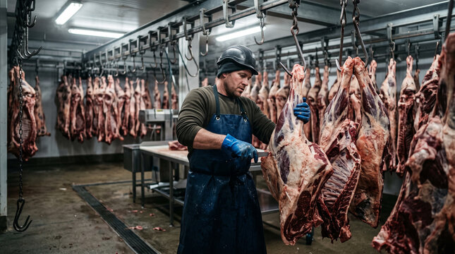 A Worker in an Apron and Gloves Handles Large Cuts of Hanging Beef Carcasses in a Cold Storage Room
