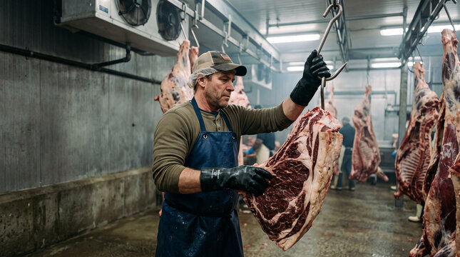 A Worker in an Apron and Gloves Handles Large Cuts of Hanging Beef Carcasses in a Cold Storage Room