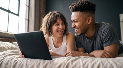 Fototapeta premium Happy diverse couple reviewing cloud erp enterprise resource planning software on laptop computer while relaxing on bed, managing small business operations, remote workflow, and data analytics.
