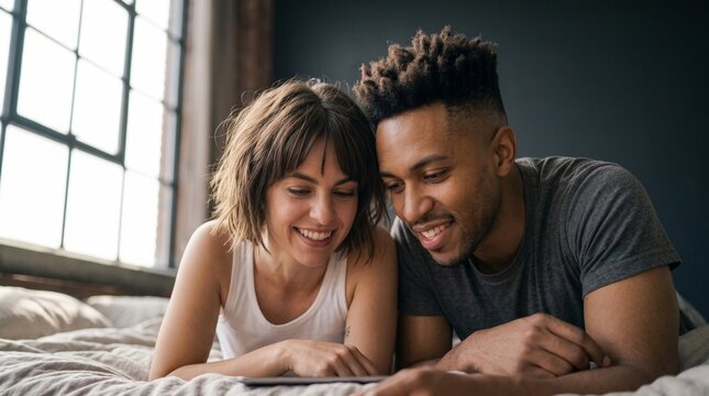 Diverse young couple engrossed in online learning module studying digital educational materials together on tablet computer in relaxed domestic bedroom space for remote skills training.