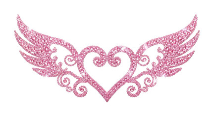 Fototapeta premium Sparkling pink crystal heart with decorative wings isolated on transparent background
