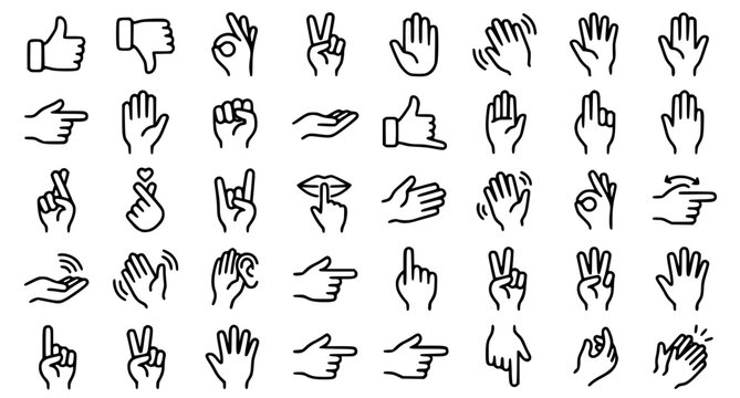 Communication hand sign thin line icon collection with gesture symbols editable vector