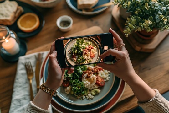 Hand holding smartphone capturing vibrant salad plate.
