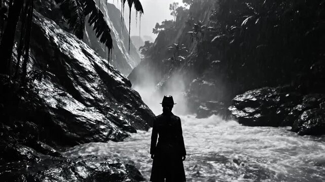 Mysterious Figure in a Fedora and Trench Coat Stands in the Middle of a Raging River in a Jungle