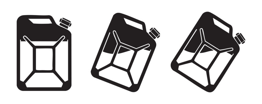 Three black silhouette icons of fuel jerry cans shown from different angles on transparent surface.