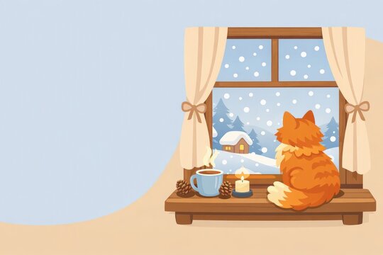 Cozy winter window illustration with cat, candle and hot drink overlooking snowy village for seasonal wallpaper and holiday card design