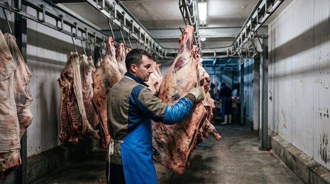 A Worker in an Apron and Gloves Handles Large Cuts of Hanging Beef Carcasses in a Cold Storage Room