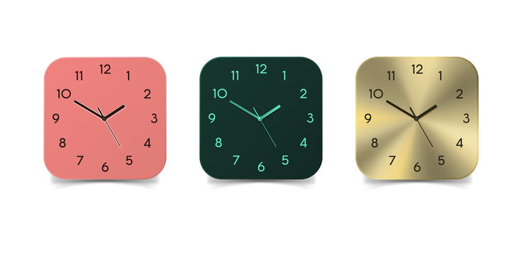 Three colorful square clocks on a transparent background