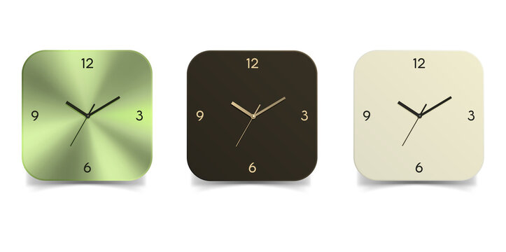 Three square clocks in different metallic finishes on transparent background