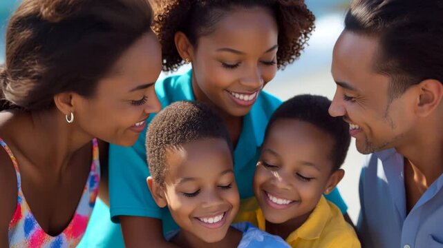 Portrait attractive Smiling Family Sandy Beach and Blue Sea Ocean Vacation background AI Generative