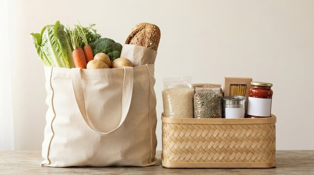 Canvas bag and basket with fresh vegetables and pantry staples