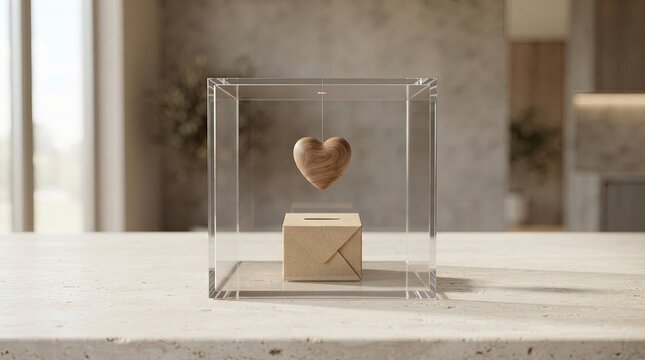 Wooden heart hanging above a paper envelope inside a glass display box