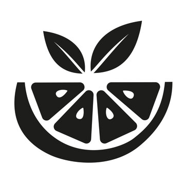 Black Lemon Slice with Leaves Silhouette Vector Icon