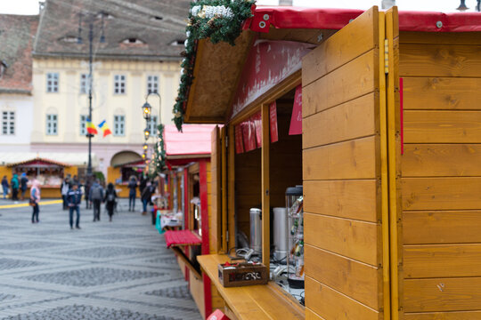 Wooden Christmas Market Stalls in Sibiu, Romania