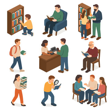 Set using magnifier vector visitor bookstore reader counter group backpack discussion icon