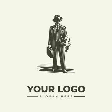 Vintage style illustration of a mysterious mafia gangster holding a briefcase and a smoking handgun.