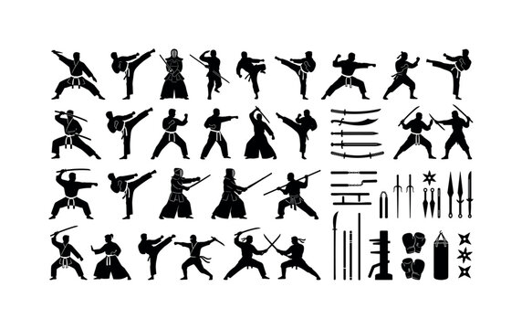 Collection of martial arts silhouettes and traditional weapons