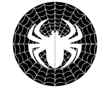 Black and white spider web vector icon with symmetrical arachnid silhouette design element