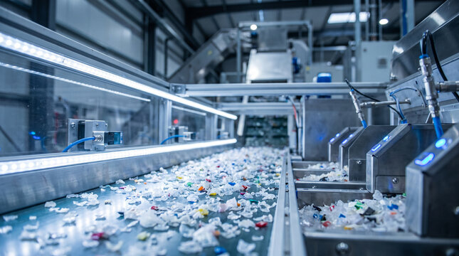 A modern high-tech recycling facility sorts clean shredded plastic materials under bright LED lights, demonstrating sustainable industrial innovation and circular economy.
