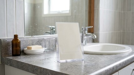 Fototapeta premium Urine Collection Instructions Card resting blank on the counter – Macro Close-Up | Urine Specimen Collection Stock Photo, No People
