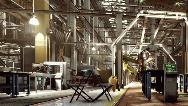 The scene shows a factory floor with multiple machines and robotic arms at work. Empty chairs sit near workstations. The lighting is bright and the setting is busy with industrial activity.