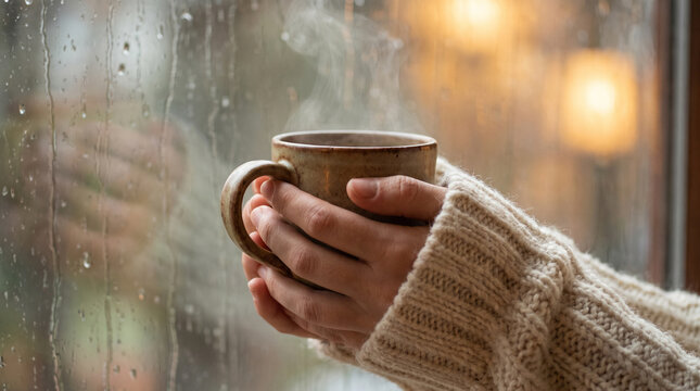 Hands in a cozy knitted sweater gently hold a warm ceramic mug against a blurred rainy window background, evoking feelings of safety, comfort, and mindful relaxation.