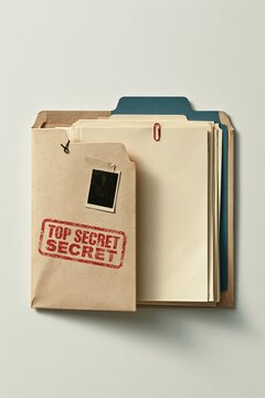 Top secret folder with confidential documents and vintage photograph