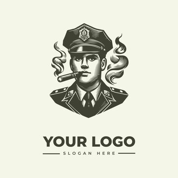 Vintage style illustration of a police officer wearing a hat and smoking a cigar.
