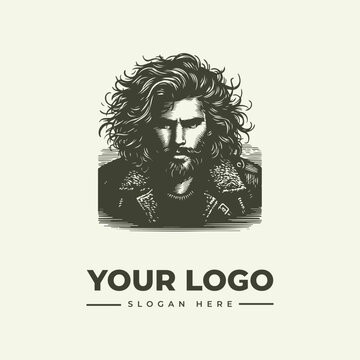 Vintage style hand drawn illustration of a bearded man with long messy hair.