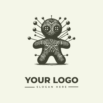 Stylized voodoo doll logo design with pins and button eyes on a light background.