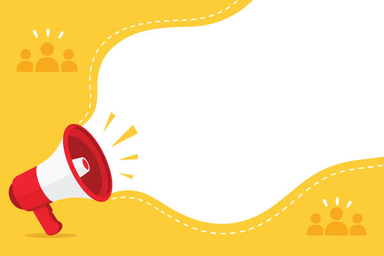 Megaphone announcement vector background. Red bullhorn with speech bubble. Yellow marketing banner for social media ads.