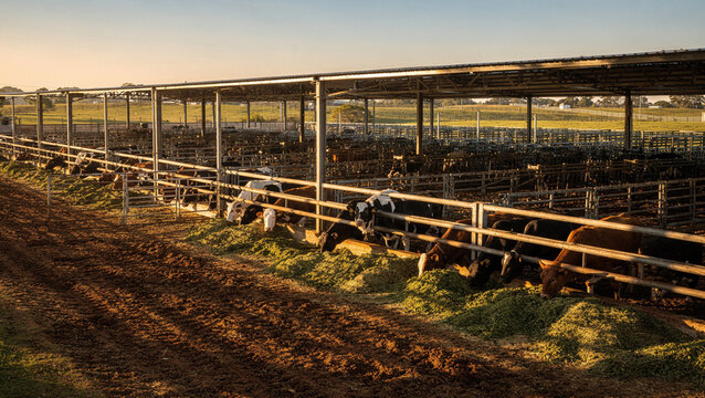 Dairy and beef cattle feeding on green silage in an open-air covered livestock feedlot at golden hour