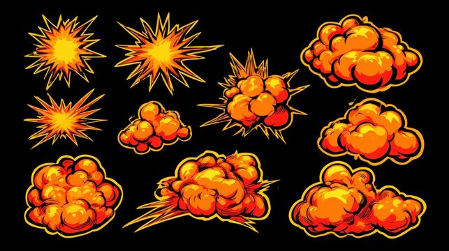 Cartoon explosion and smoke cloud set for game design and comic book action effects