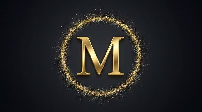 Golden letter M in sparkling glitter circle frame.