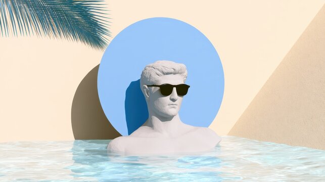 Classical marble statue bust wearing sunglasses in a surreal vaporwave summer pool setting