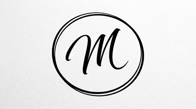 Handwritten script letter M logo in circular frame