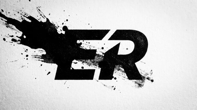 Grungy ER letter logo with black ink splatter.