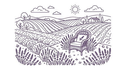 Obraz premium Line art lavender field landscape with wicker chair