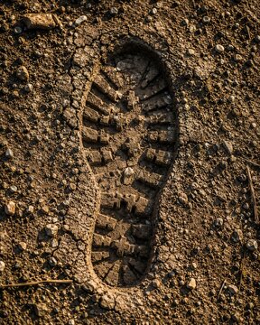 Deep Hiking Boot Footprint in Wet Mud on Rugged Outdoor Trail at Golden Hour Light