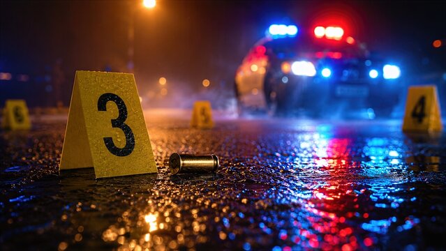 Police Crime Scene With Evidence Markers and Bullet Casing on Wet Street at Night