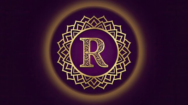 Ornate gold mandala frame with letter R initial