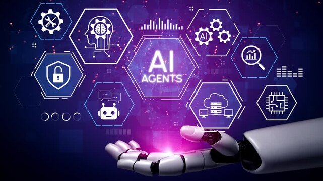 Futuristic Concept of AI Agents with Robotic Hand and Data Symbols Representing Artificial Intelligence and Advanced Technologies. Entropy.