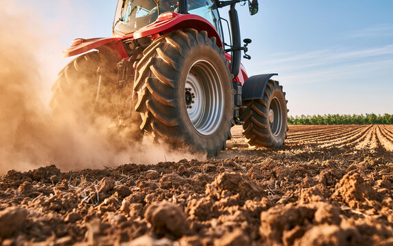 Low angle shot of tractor wheel on plowed brown field kicking up dust