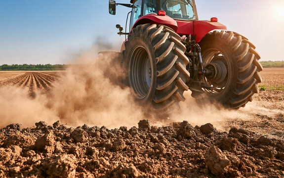 Low angle shot of tractor wheel on plowed brown field kicking up dust