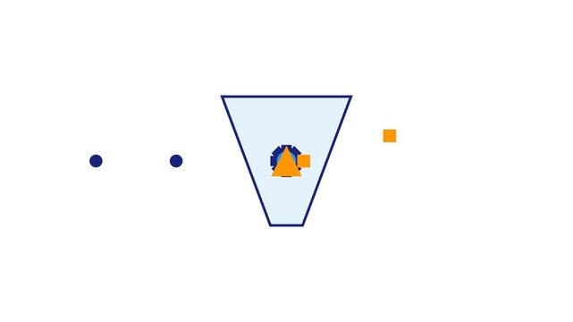 Animated mountain icon with moving dots and squares on white background