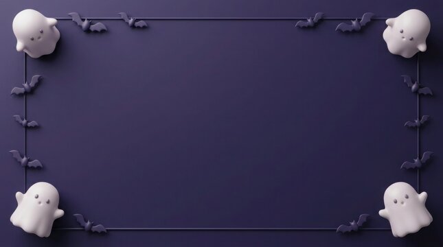 Halloween background with cute white ghosts and black bats forming a frame on a dark purple surface